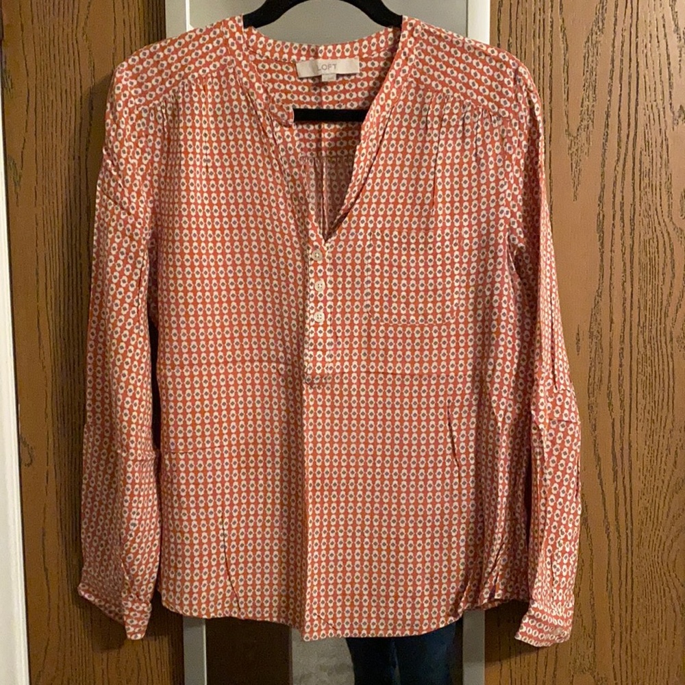 Loft Peach/Cream/Brown Split Neck Blouse L